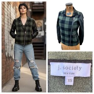 J Society Plaid Moto Jacket Women Vegan Leather‎ Green XS Cyber Grunge Academia